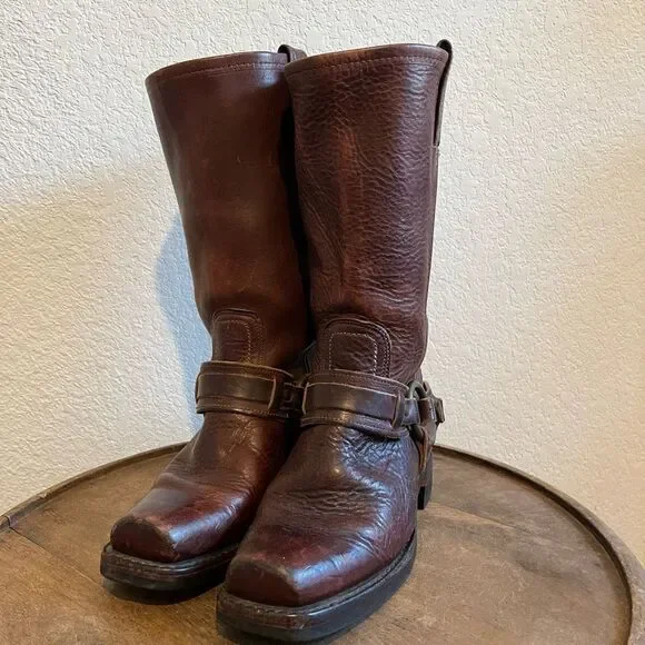 FRYE Harness Brown Leather Belted Square Toe Riding Boots Women's Size 6 - Picture 3 of 16